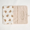 Close-up of cotton muslin baby crib organizer featuring cute bear prints and soft fabric - Bear Head + Solid Color