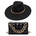 Set cappello fedora nero e borsa a nuvola trapuntata con grosse catene dorate - Cappello Nero + Borsa