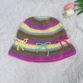 Handmade crochet bucket hat with vibrant rainbow stripes and 3D knit bows detail - M (56-58cm) / Bow Rainbow Basin Hat