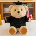 Cute light brown graduation teddy bear wearing black academic gown and mortarboard hat - Sitting Graduation Bear - Pink Collar / 25cm