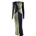 Elegante vestido de manga larga con cuello en V y patchwork verde militar y púrpura con nudo - S / Verde