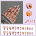 Set de 24 uñas postizas tipo almendra con motivos de naranja y líneas azules abstractas - Estilo de Naranja y Hoja Azul (Con Pegamento) (W1323)