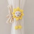 Detail of yellow sunflower curtain tieback with a smiley face on a white fabric curtain - Bright Yellow (Smiley Face)