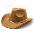 Classic tan suede western cowboy hat with a wide brim and champagne gold buckle strap - M (56-58cm) / Khaki