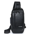 Business chest bag in black leather with anti-theft lock and integrated USB port - Black