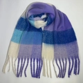 Winter plaid scarf with blue purple and white checkered pattern and soft fringe tassels - 10# (Blue Purple White Plaid)