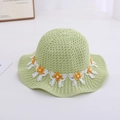 Light green knitted kids sun hat with wavy brim, daisy lace trim, and pearl accents - Pearl Flower / Circumference 50-53cm / Grass Green