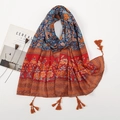 Flat lay of bohemian floral printed scarf with tassels beside minimalist magazine - 180*90CM / Blue Yellow Red Large Floral (XB884)