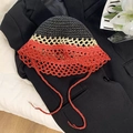 Handcrafted crochet bucket hat with tricolor block design and chin strap for sun protection - M / Colorful Hollow-out Bucket Hat-Black