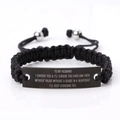 Detail of hand-woven black cord bracelet with engraved black stainless steel bar for men - To my husband I choose you