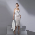 Elegant white mesh velvet mini dress with corset bodice and ruched detailing for parties - White
