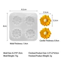 White silicone mold for four daisy candles showing product dimensions and finished flower soaps - 4-Cavity Sunflower F138-1