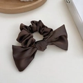 Dark brown silk bow hair scrunchie in ballerina style on minimalist white table - Dark Coffee Satin Bow