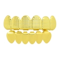 Gold plated hip hop teeth grillz set with textured top and smooth bottom metal finish - Engraved Texture Set / Grid Pattern Gold Set