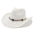 Weißer Cowboy-Strohhut mit braunem Band und silbernen Metallschnallen für Damen - M (56-58cm) / Weiß