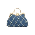 Borsa a conchiglia in denim blu con telaio dorato, chiusura a perla e cuciture a rombi - Blu scuro