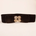 Elastic black waist belt with a golden four-leaf clover buckle and pearl inlay - 19269 Black-Pearl Flower Ring Buckle