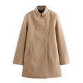 Women's camel double-breasted wool coat with stand collar and gold buttons on white backdrop - XS / Khaki