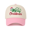 Detailed embroidery of Merry Christmas text on a pink and beige baseball cap - Pink