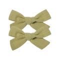 Set of two sage green linen bow hair clips with textured cotton fabric for girls - Bow Hair Clips Set / Olive Green