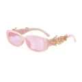 Detail of pink rectangular sunglasses featuring gold dragon relief and light pink lenses - Handmade Items Ship In 3-4 Days / C14