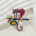 Detail of colorful enamel cat brooch with fishbowl, pearls and sparkling rhinestones - Red Cat with Fish Tank