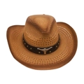 Brown woven cowboy hat with western leather band featuring a silver bull head ornament - One Size / Khaki 2 (Black Leather Bull Head)