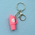 Pink mini cup keychain with daisy flower pattern and silver metal lobster clasp - Keychain / Bright Pink Flower Cup Keychain