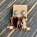 Detail of wooden cowboy boot earrings with leopard cowhide inlay and silver flower studs - Brown White Cow Hair
