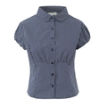 Close-up of navy blue polka dot short sleeve shirt with lapel collar and front buttons - S / Blue Top
