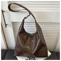 Retro dark brown PU leather shoulder bag with soft natural pleated texture and single strap - Coffee