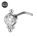 Silver G23 titanium nose stud featuring a round cubic zirconia and small steel beads - Round Stone With Three Small Beads (Style 10 L-Shaped) / 0.8x7mm