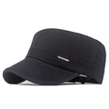 Black cotton canvas flat top military hat with side metal brand plate and curved brim - Adjustable / Black
