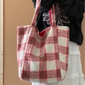 Pink and white checkered plush tote bag featuring soft fleece fabric and metal logo plate - Red and White Plaid Plush Style