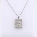 Silver book-shaped locket necklace in stainless steel with tree engraving and border - Square Tree of Life/Steel