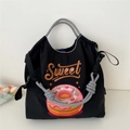 Sac fourre-tout noir en nylon avec broderie Sweet Donut et bretelles tissées à nœuds - Grand Sans Sangle / Donut Coloré Noir