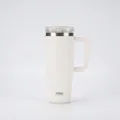 Close-up of TYESO 40oz stainless steel tumbler with handle and transparent sealed lid - White