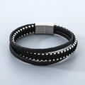 Bracciale multistrato da uomo in pelle nera intrecciata con perle argentate e chiusura magnetica - Metallo Acciaio Pelle Nera (KB205299-JR)