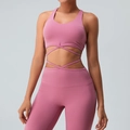 Pink yoga sports bra and high-waist leggings set with stylish criss-cross waist ties - Rose Red