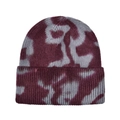 Detailaufnahme der dunkelvioletten und grauen Tie-Dye-Strickmütze mit umschlagbarem Saum - Weinrot-Grau Tie-Dye