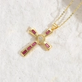 Collana con croce placcata oro 14K hip hop con pietre di zircone rosse - Zirconia Rosso Rosa