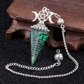 Triple Moon Goddess hexagonal cone pendulum necklace with green crushed stones in resin - Malachite