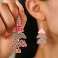 Detail of three-tier Christmas tree acrylic earrings with red plaid and festive patterns - Three-Stage Spliced Ear Hooks / Spliced Plaid Christmas Tree