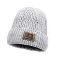 Light gray cable knit beanie featuring thick fleece lining and a square leather patch - Light Gray