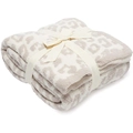 Folded light brown leopard print fleece blanket tied with a cream ribbon gift bow - 75x90cm 350g / White + Khaki