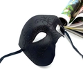 Phantom of the opera mask in black with glitter pattern and silk ribbons on white - One Size / Black Gold Glitter