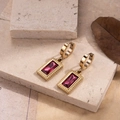 Retro gold stainless steel earrings with rectangular pink zircon and beaded edge detail - Rose Red
