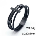 Bracciale da uomo in pelle nera intrecciata a tre strati con croce in acciaio nero opaco - Nero (KB151813-KFC)