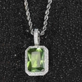 Hip hop silver rope chain with square emerald green zircon pendant and micro pavé crystals - White Gold with Olive Green Stone (Pendant Necklace)