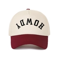 Detail of five-panel vintage baseball cap with inverted HOWDY embroidery and contrast brim - Beige/Wine Red